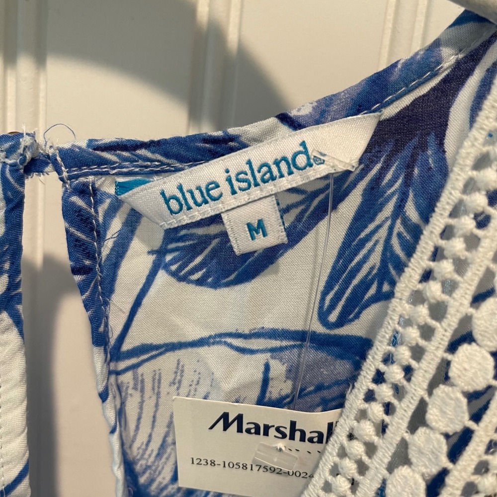 Blue Island Tropical Maxi Cover Up Wmns M Blue White Coastal Crochet Lace Trim - Picture 6 of 9